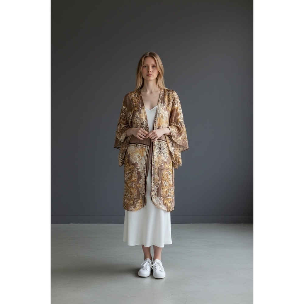 Umgee USA Women's XL Brown Paisley Metallic Kimono Duster Robe Style WA5566